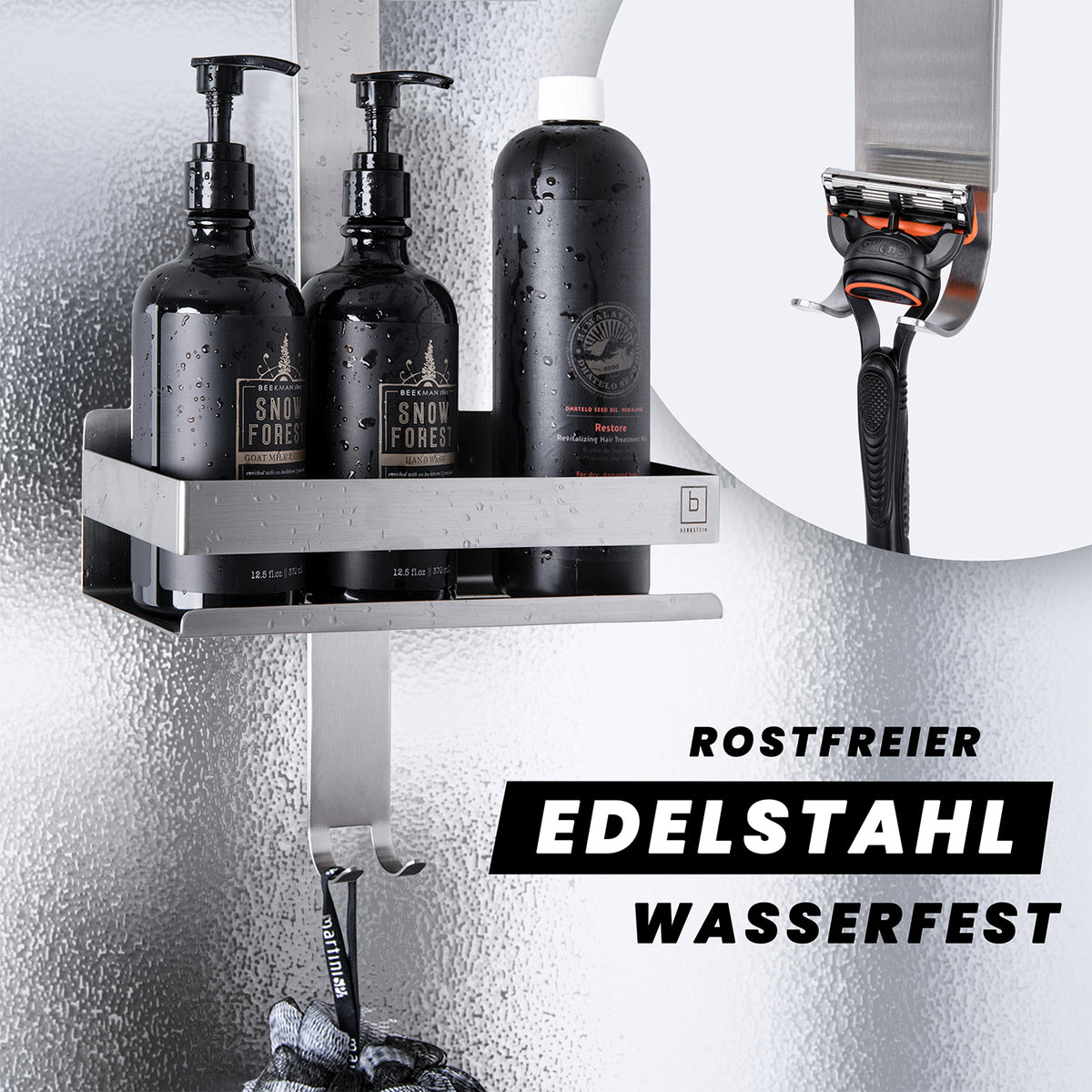 Dusch-Organizer - Edelstahl mit 2 Ablagefächern und 4 Haken, rostfrei, wasserfest, ideal für rahmenlose Glasduschen bis 18 mm.