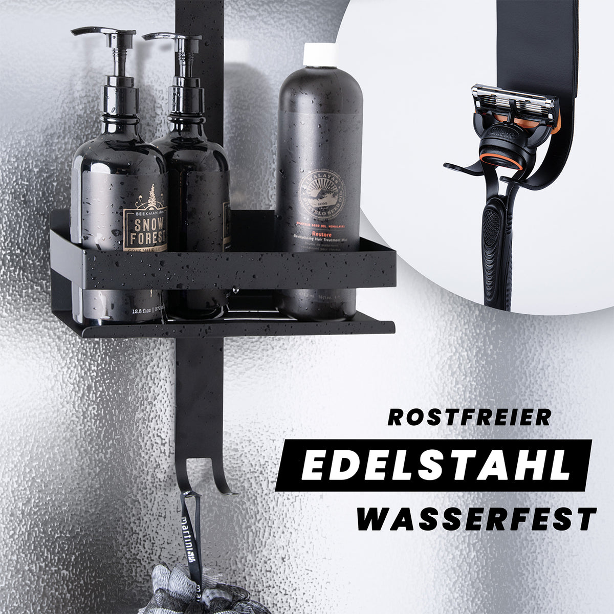 Dusch-Organizer - Schwarz aus rostfreiem Edelstahl mit 2 Ablagefächern und 4 Haken für rahmenlose Glasduschen bis 18 mm.