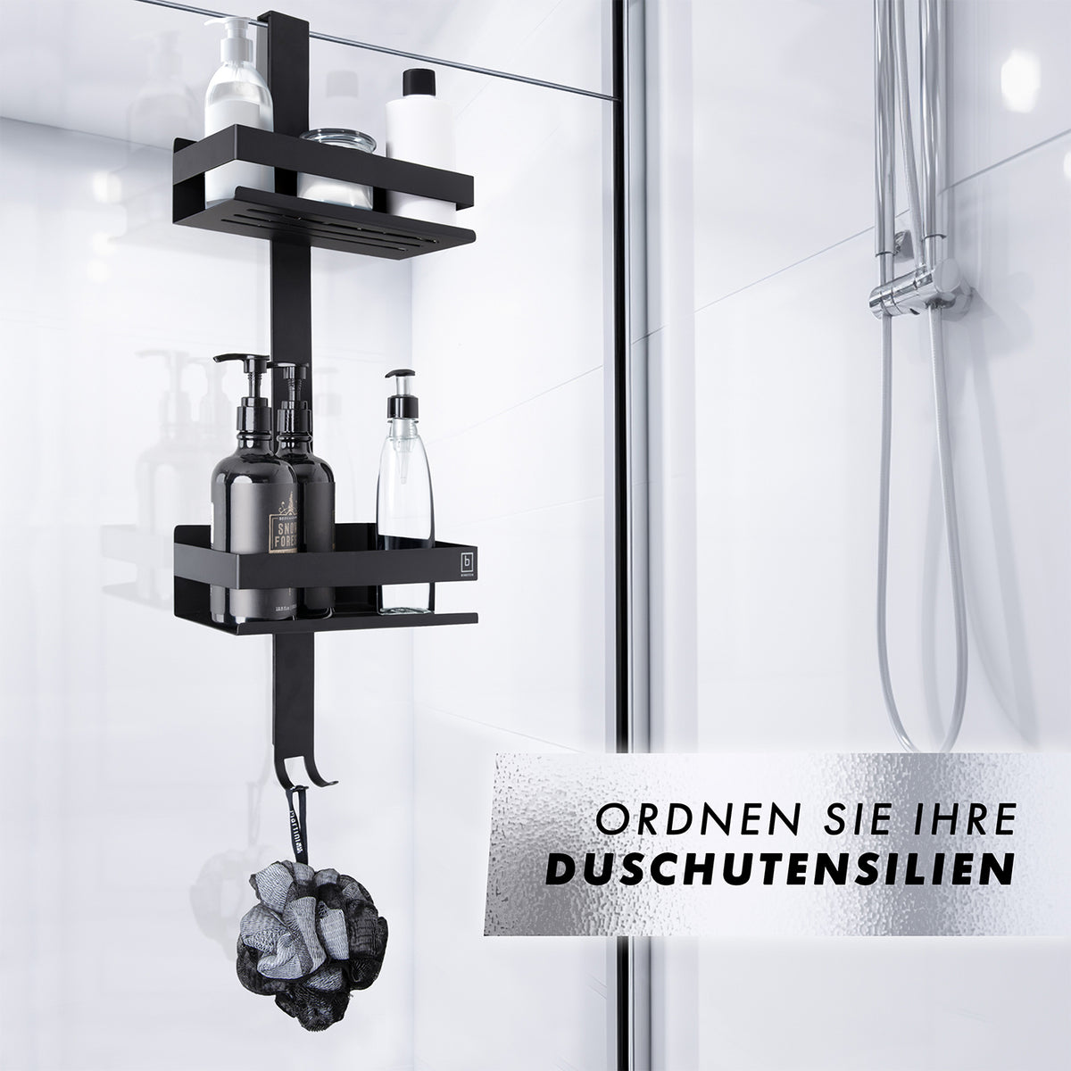 Dusch-Organizer - Schwarz mit 2 Ablagefächern und 4 Haken für rahmenlose Glasduschen bis 18 mm, aus rostfreiem Edelstahl.