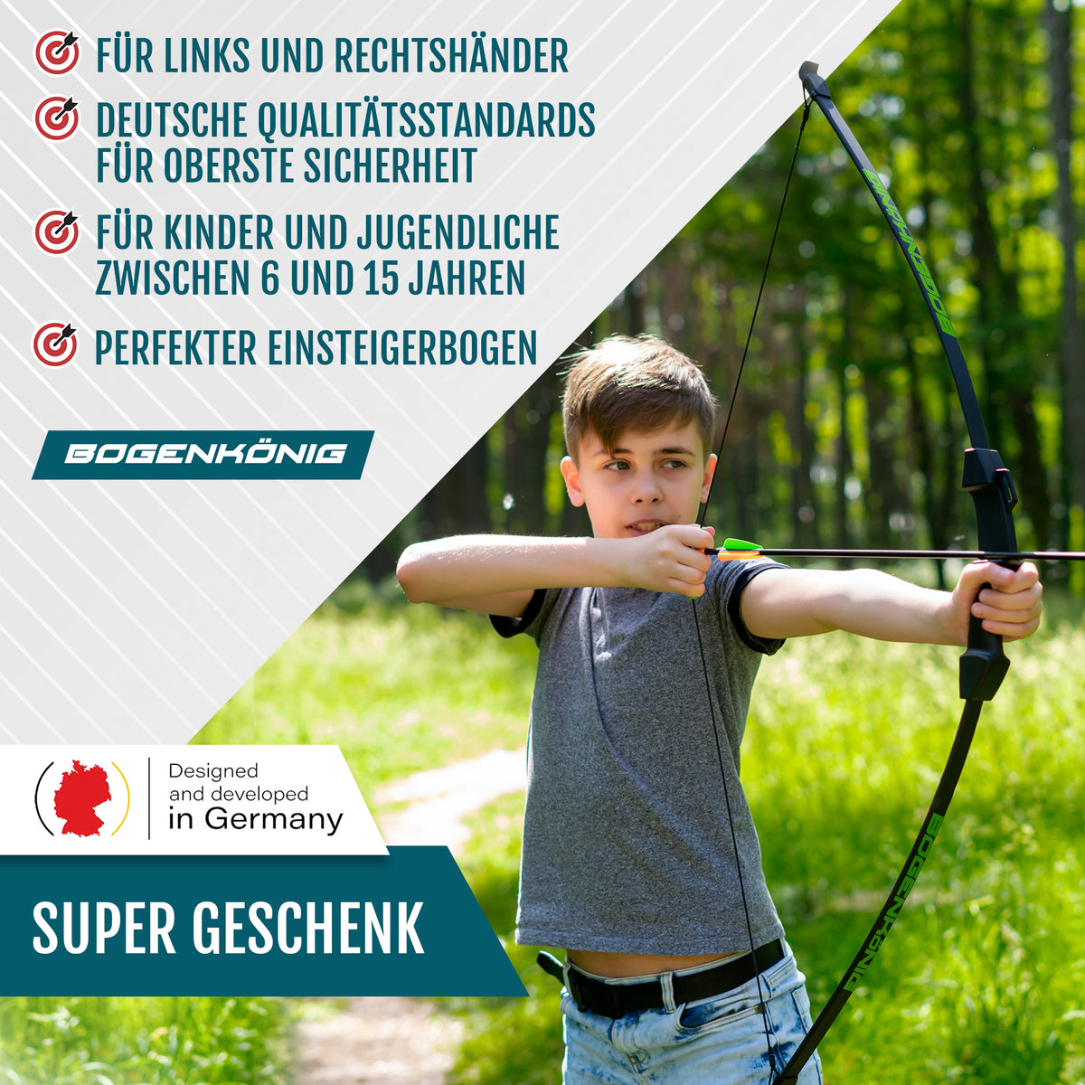 Bogenset mit 4 Pfeilen - ideal für Kinder ab 6 J., sicherer Einsteigerbogen für Links- und Rechtshänder, geeignet für Kinder und Jugendliche bis 15 Jahre.