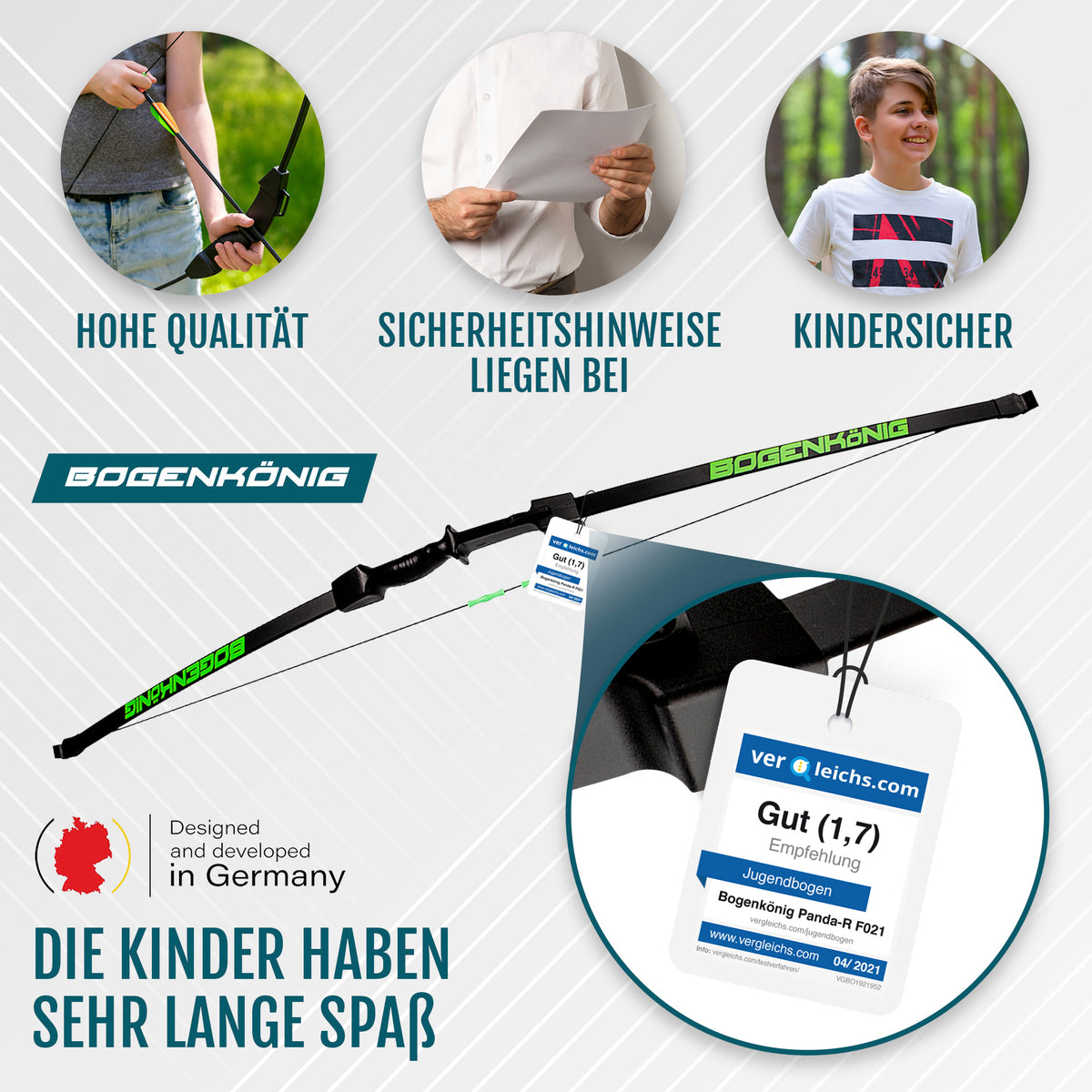 Bogenset mit 4 Pfeilen - ideal für Kinder ab 6 J. mit kinderfreundlichem Design, hoher Qualität und enthaltenen Sicherheitshinweisen.
