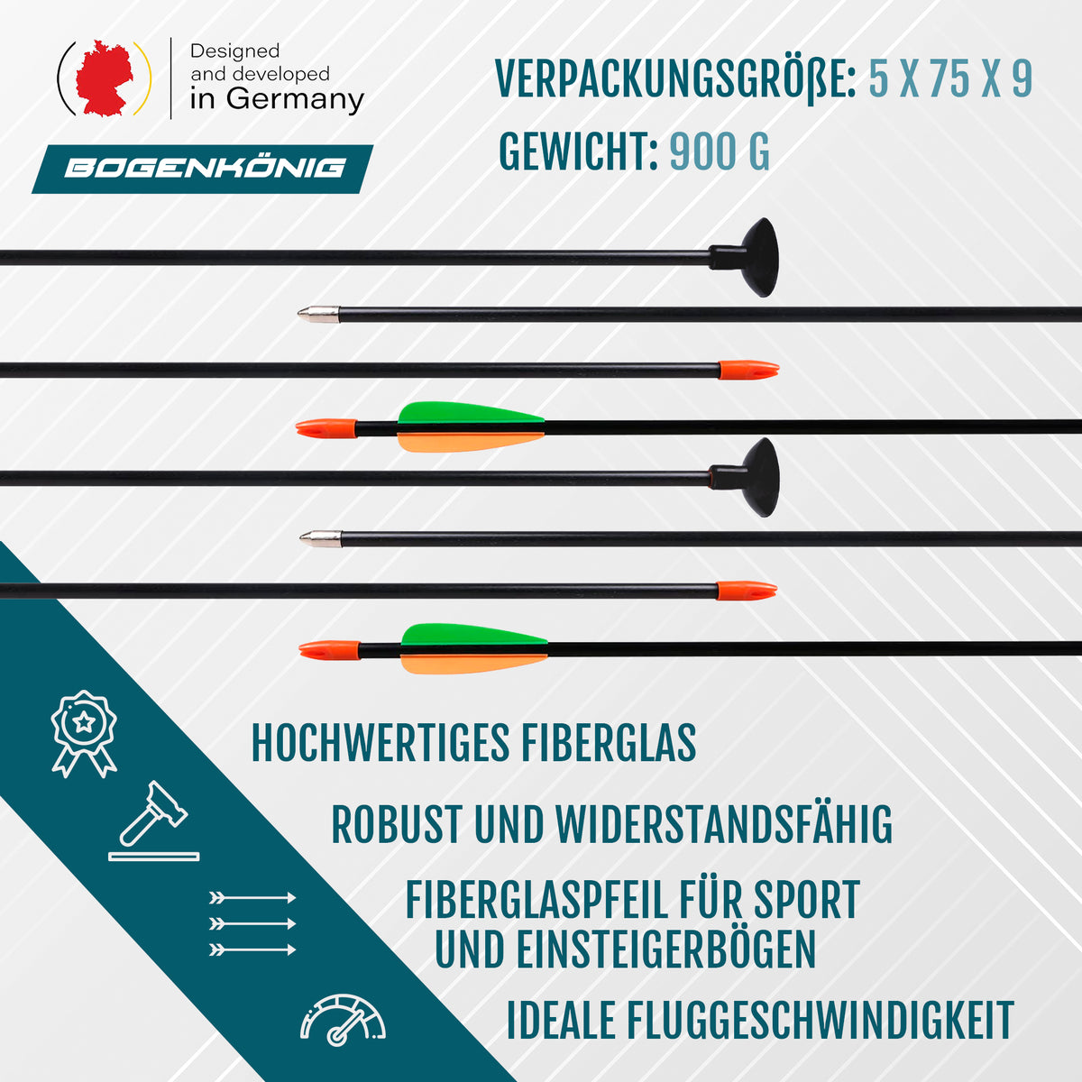 Bogenset mit 4 Pfeilen - ideal für Kinder ab 6 J. mit hochwertigen Fiberglaspfeilen, robust, widerstandsfähig und für Einsteiger optimal geeignet.