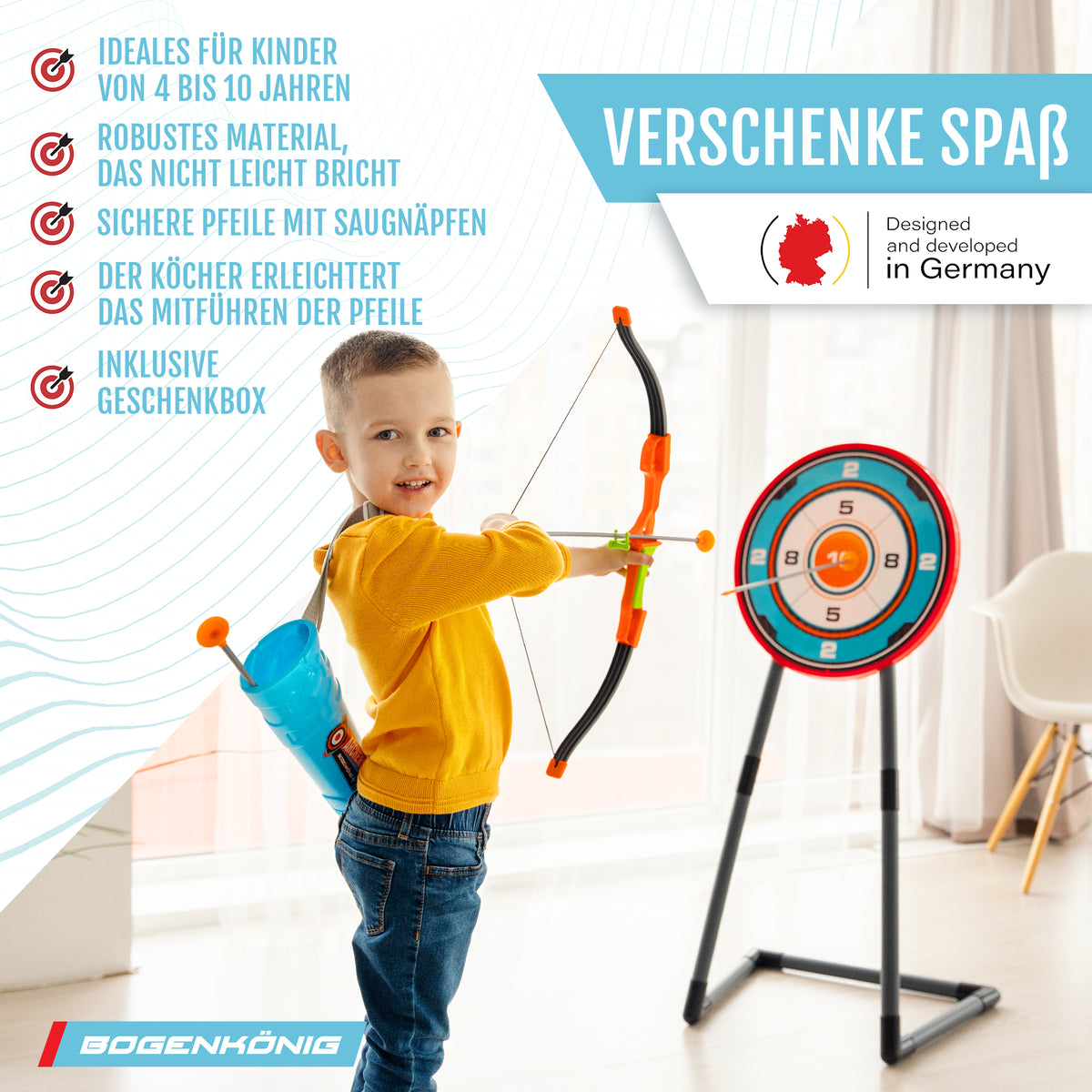 Pfeil und Bogen Kinder Spielzeug Set - ab 6 Jahre mit kindgerechtem Bogen, sicherem Köcher, Saugnapfpfeilen und Zielscheibe auf stabilem Stativ.