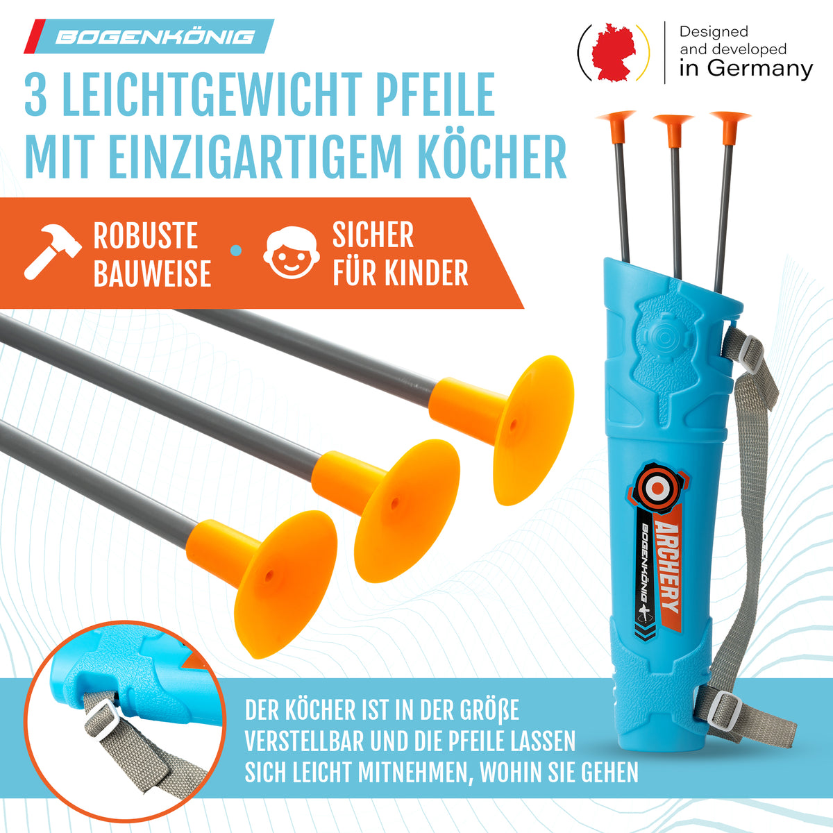 Pfeil und Bogen Kinder Spielzeug Set - ab 6 Jahre mit drei leichten Pfeilen und verstellbarem Köcher für sicheren und flexiblen Spielspaß.