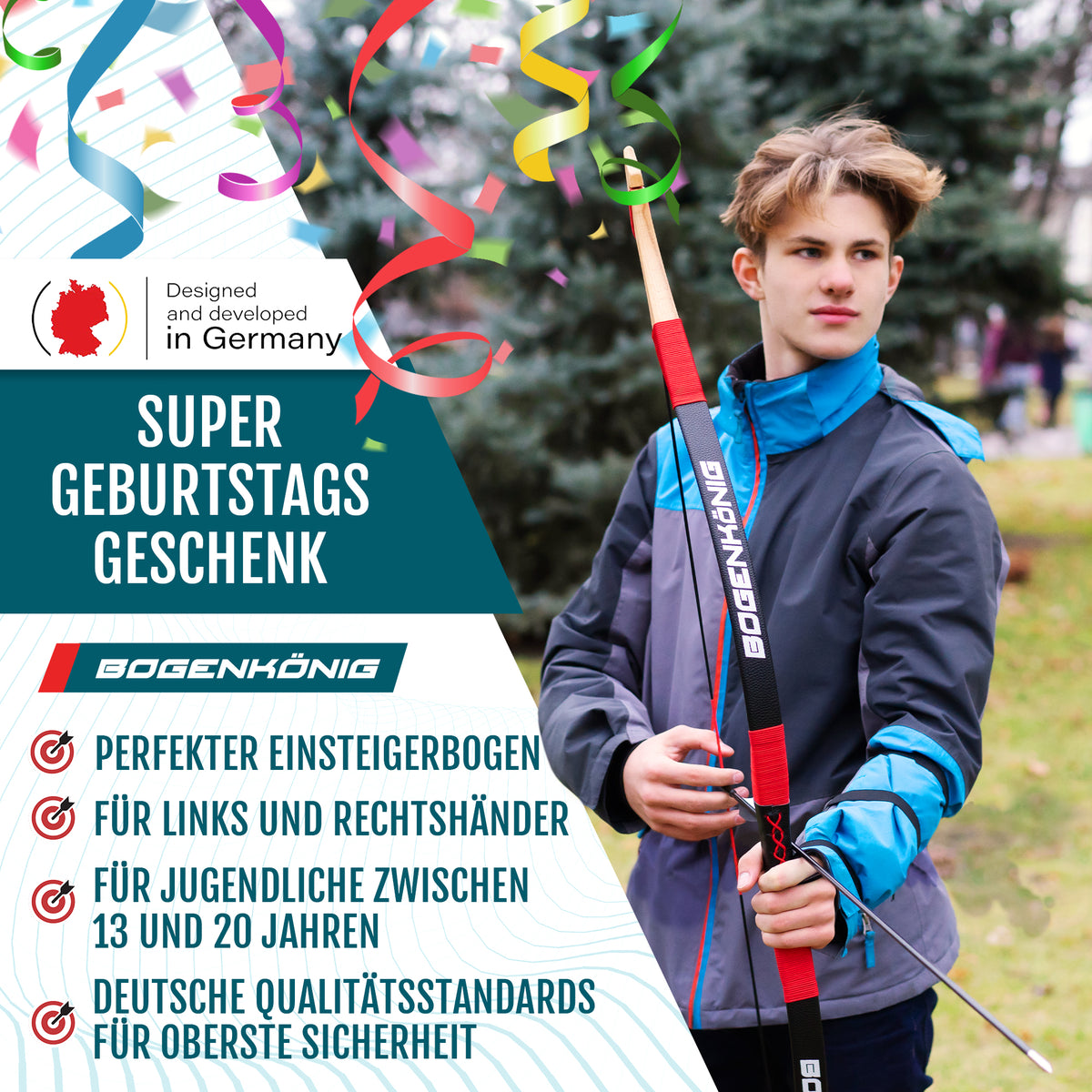 Holz Sportbogen Set mit Köcher - Einsteigerbogen - ab 13 Jahre, Jugendliche beim Bogenschießen mit langlebigem Holzsportbogen und sicherem Design.