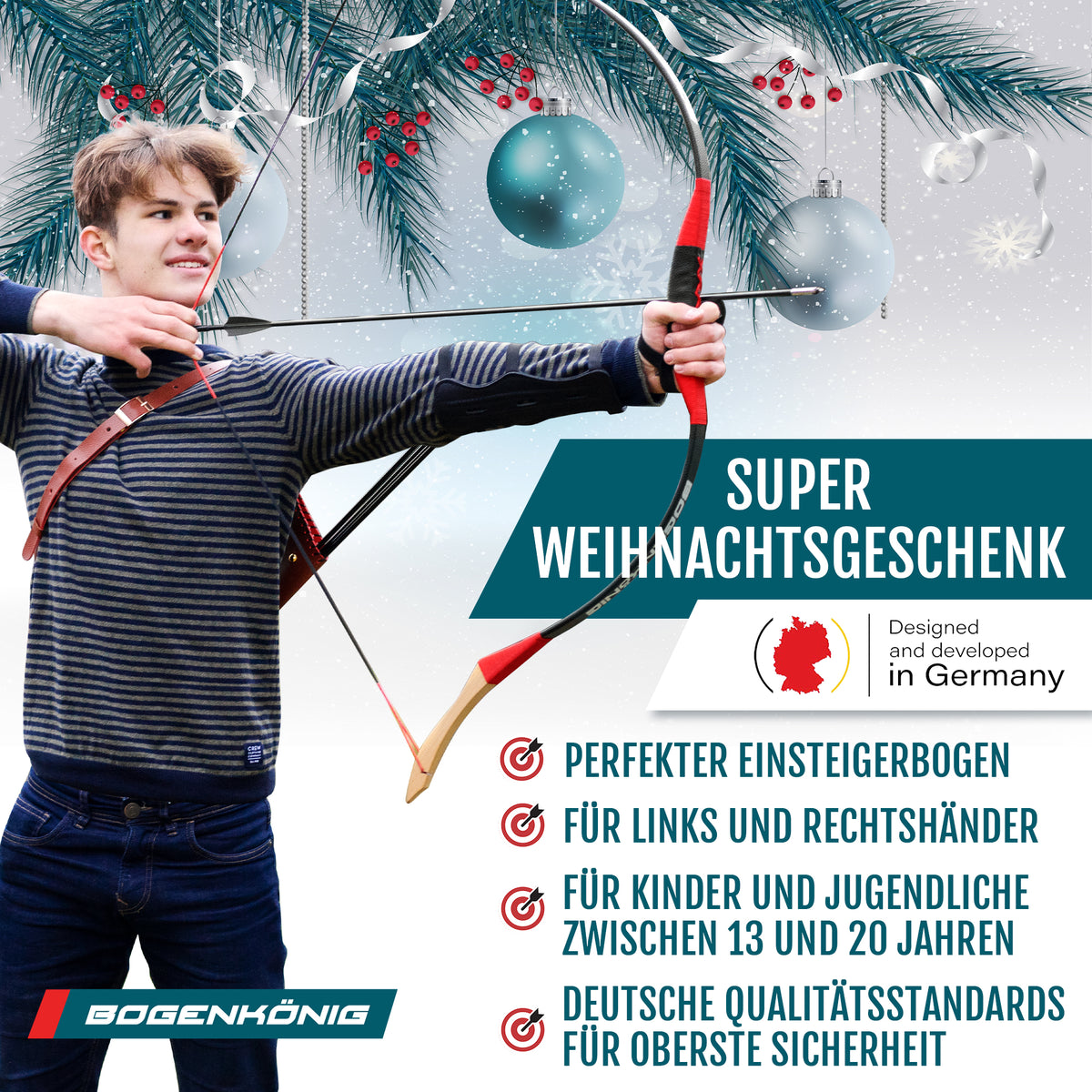 Holz Sportbogen Set mit Köcher - Einsteigerbogen - ab 13 Jahre, gezeigt an einem Jugendlichen beim Bogenschießen mit dekorativem Weihnachtsmotiv.