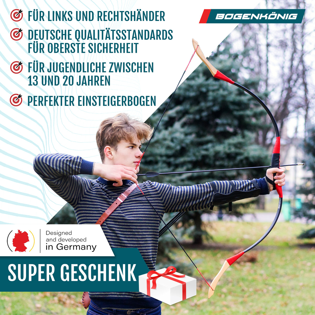 Holz Sportbogen Set mit Köcher - Einsteigerbogen - ab 13 Jahre zeigt Jugendlichen zwischen 13 und 20 Jahren sicheren Umgang mit Pfeil und Bogen.