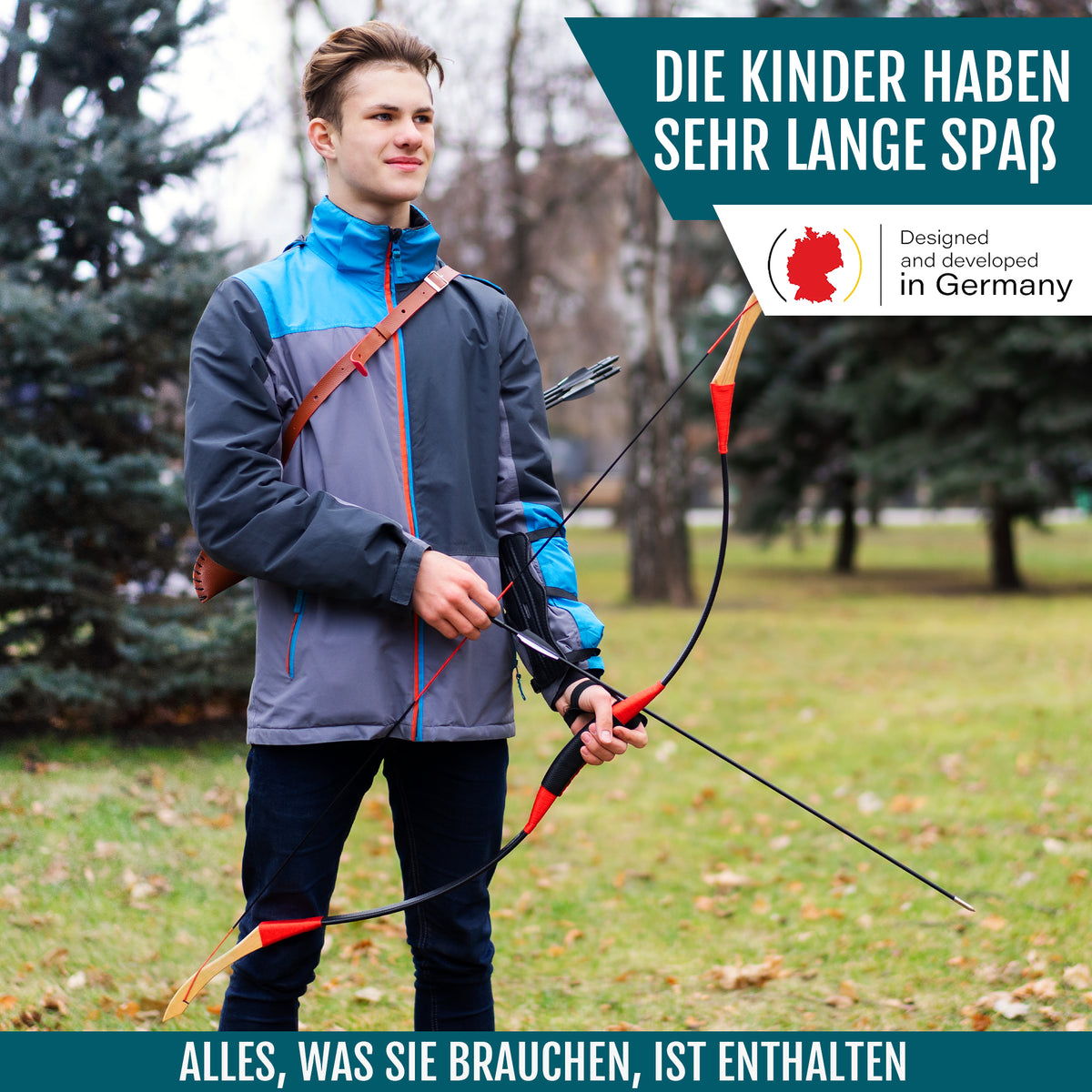 Holz Sportbogen Set mit Köcher - Einsteigerbogen - ab 13 Jahre mit robustem Bogen und Pfeilen für langanhaltenden Spielspaß im Freien.