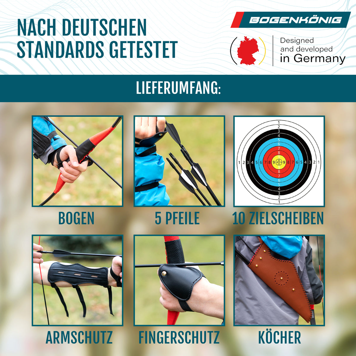 Holz Sportbogen Set mit Köcher - Einsteigerbogen - ab 13 Jahre mit Bogen, 5 Pfeilen, 10 Zielscheiben, Armschutz, Fingerschutz und Köcher im Lieferumfang.