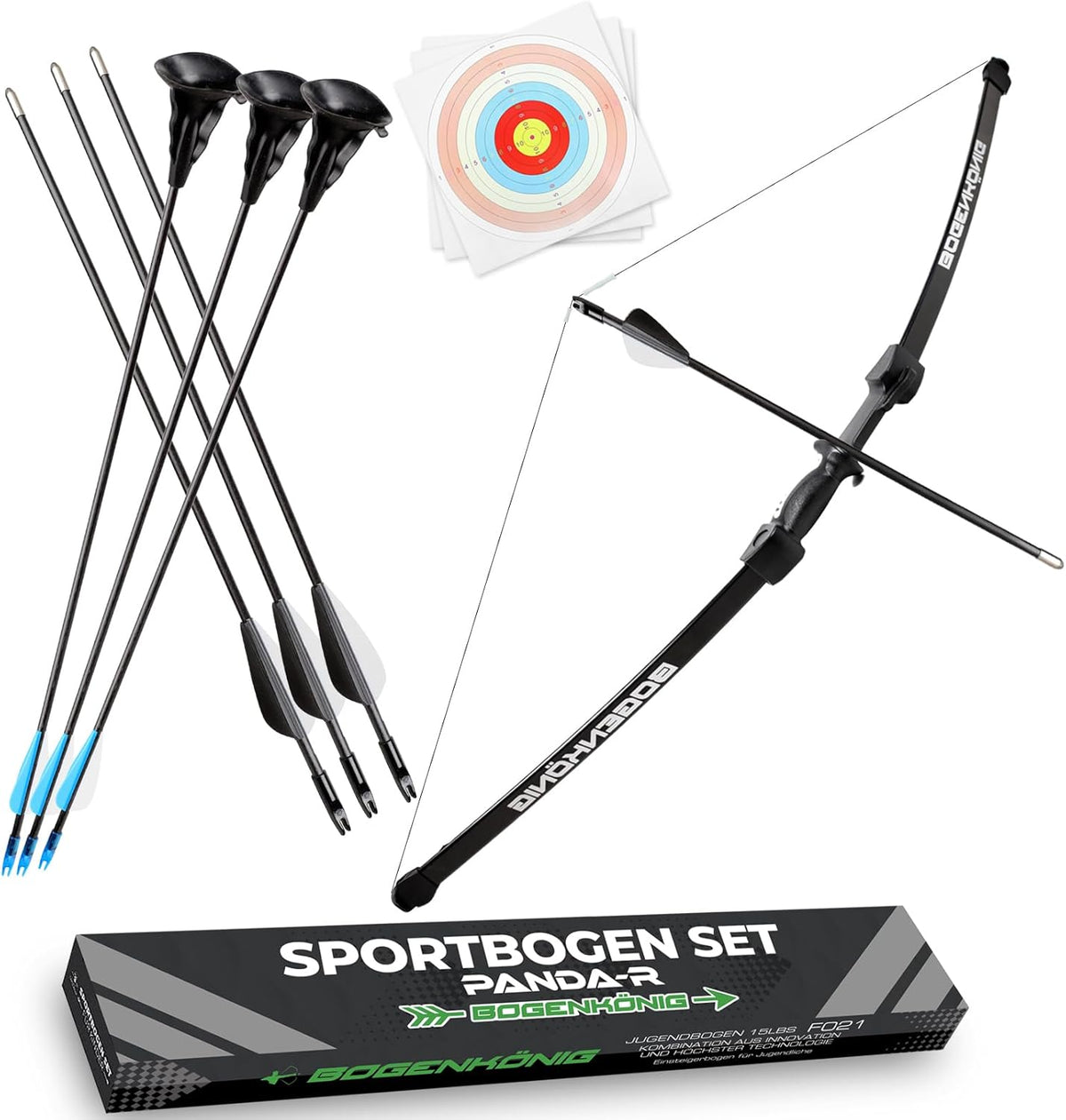Sportbogen-Einsteigerset mit 6 Pfeilen - Schwarzer Bogen mit Pfeilen, Zielscheiben und Transportbox, perfekt für Kinder ab 7 J.