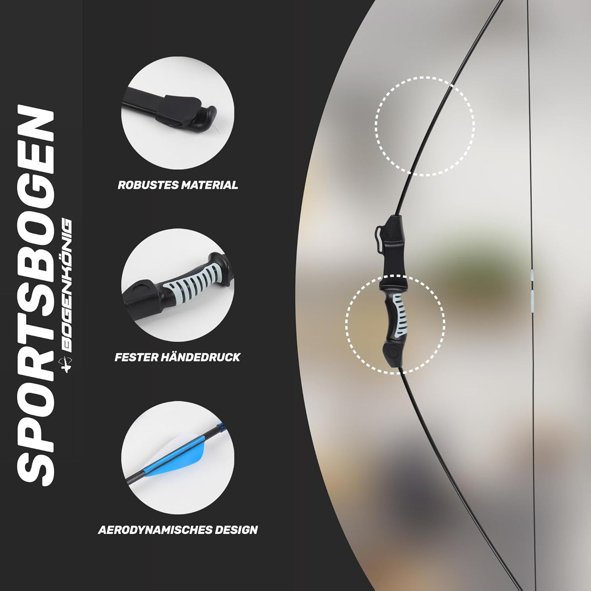 Sportbogen-Einsteigerset mit 6 Pfeilen - robuster schwarzer Bogen mit ergonomischem Griff und aerodynamischen Pfeilfedern, ideal für Kinder ab 7 J.