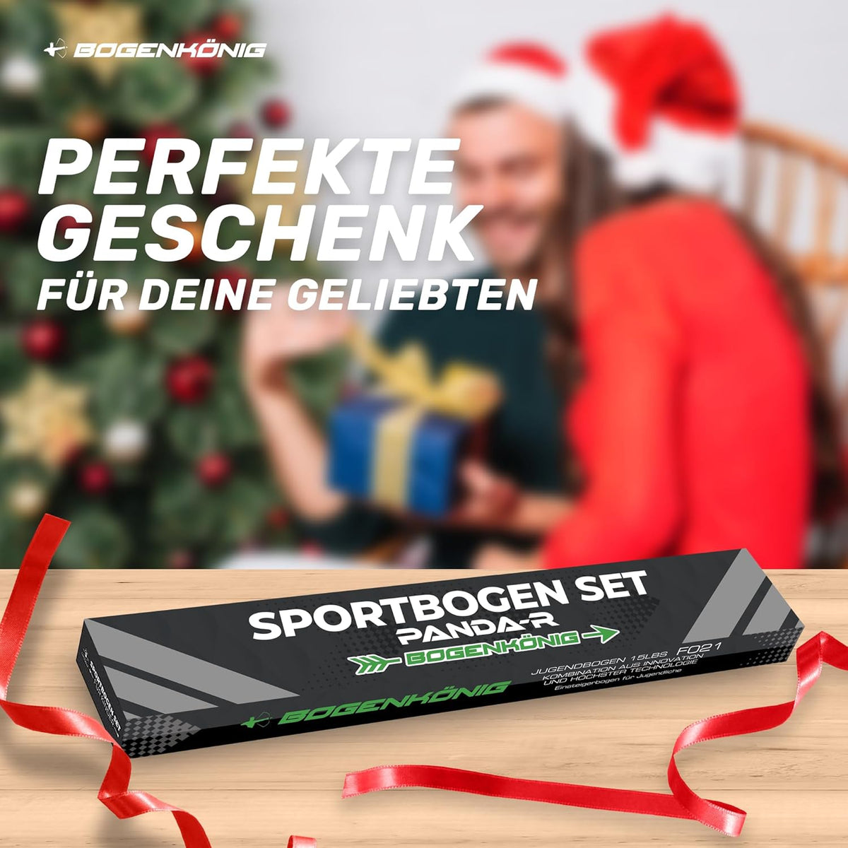 Sportbogen-Einsteigerset mit 6 Pfeilen - elegante schwarze Verpackung mit Weihnachtsdesign als Geschenkidee für Kinder ab 7 Jahren.