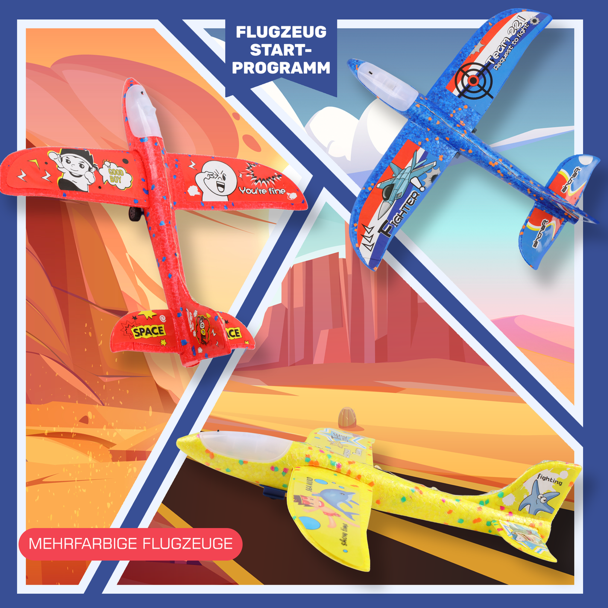 Flugzeug-Starter - 3er Set - Blau/Rot/Gelb mit drei bunten Spielzeugflugzeugen in Rot Blau und Gelb