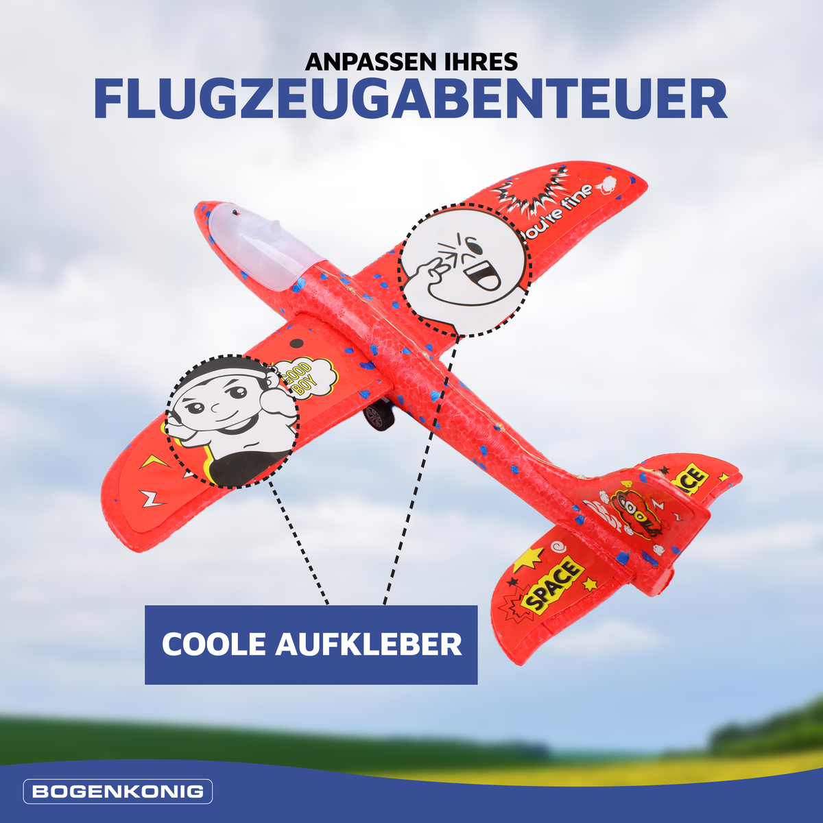 Flugzeug-Starter - 3er Set - Blau/Rot/Gelb mit coolen Aufklebern