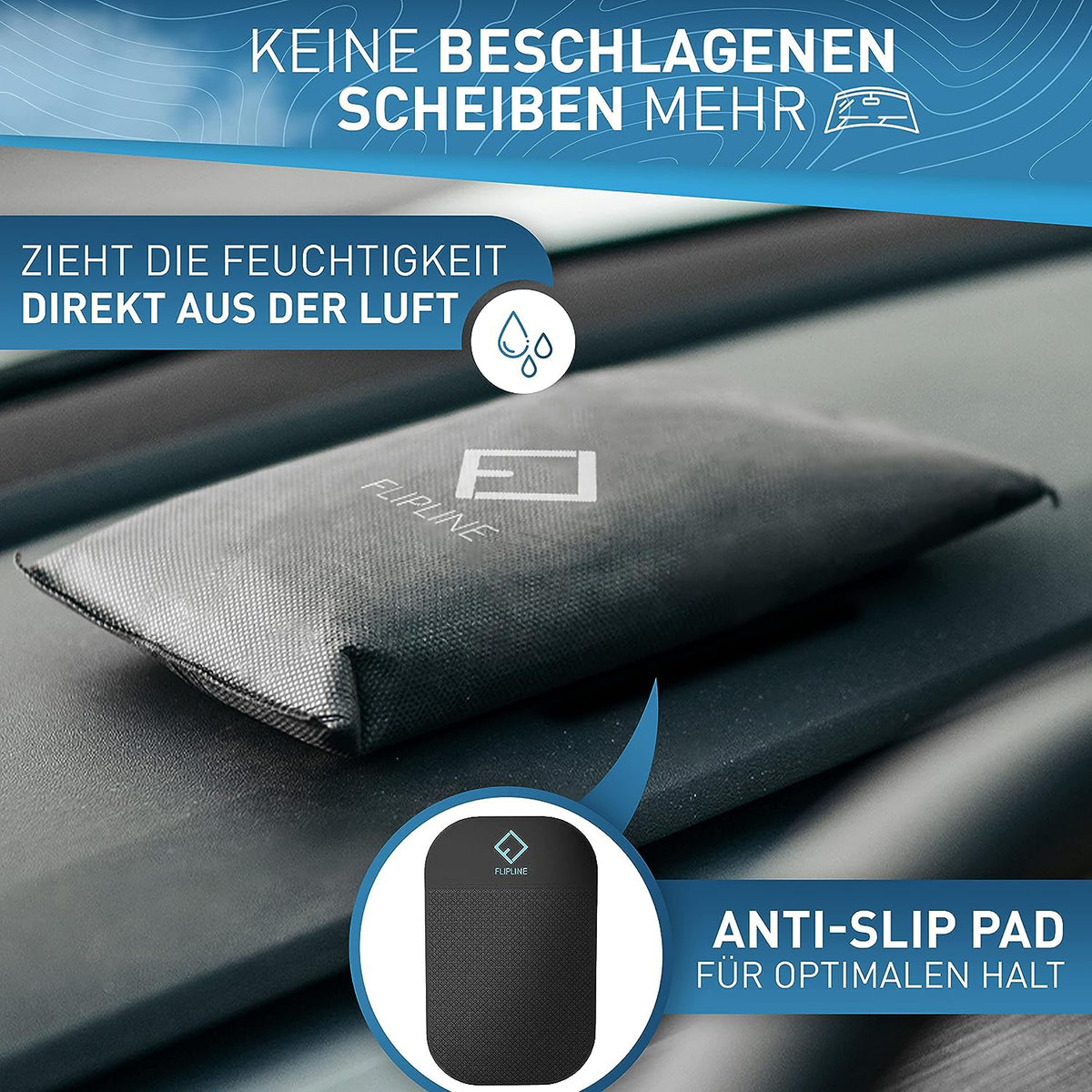 Auto-Luftentfeuchter Set (2 x 1 kg) mit Anti-Rutsch-Pad im Auto gegen beschlagene Scheiben