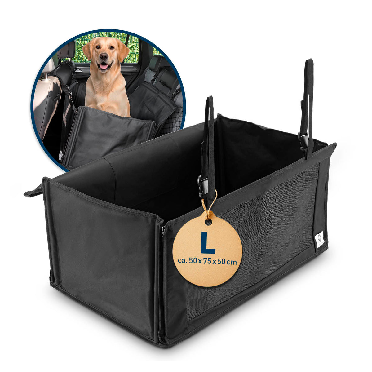 Hundeautositz – wasserfeste Hundebox – M in stabiler schwarzer Ausführung mit verstärktem Rand und sicherem Befestigungssystem für den Rücksitz.