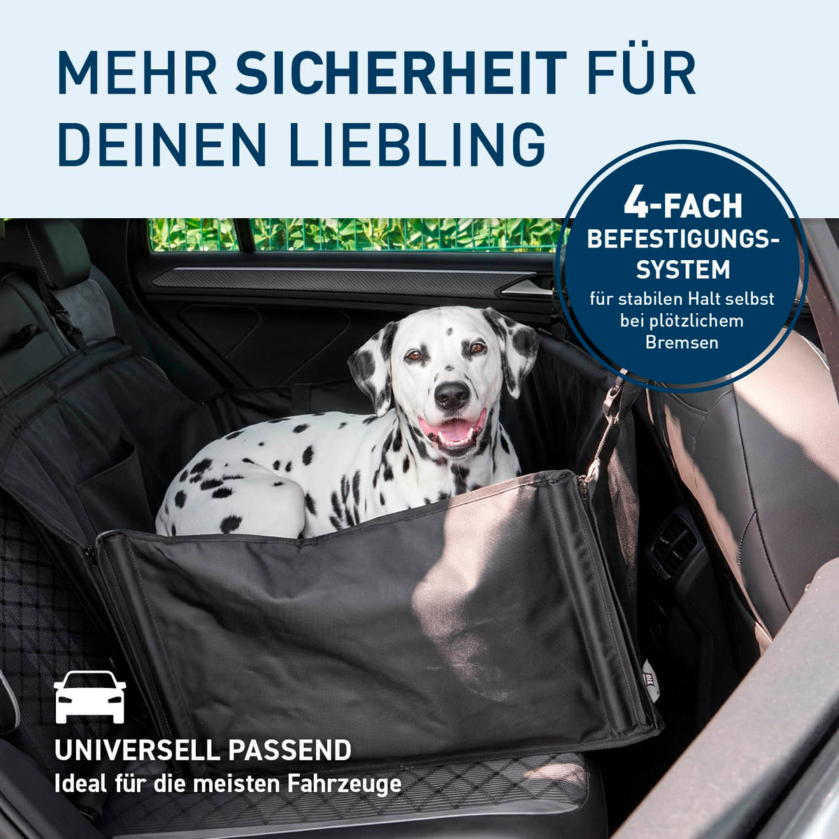 Hundeautositz – wasserfeste Hundebox – M mit 4-fach Befestigungssystem für sicheren Halt und bequemem Schutz im Auto bei jeder Fahrt.