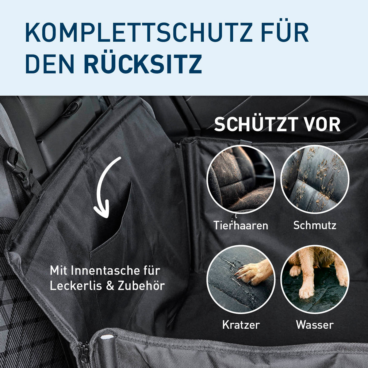 Hundeautositz – wasserfeste Hundebox – M schützt den Rücksitz umfassend vor Tierhaaren, Schmutz, Kratzern und Nässe mit praktischer Innentasche.