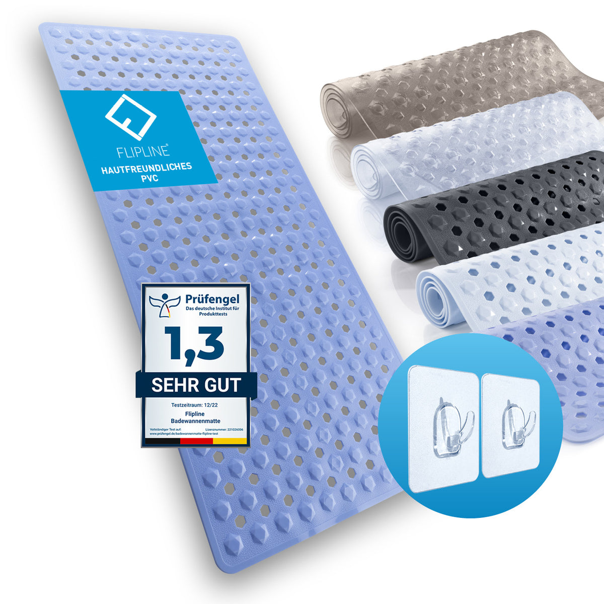 Badewannenmatte 88 x 40 cm – Hellblau mit rutschfester Struktur, saugnäpfen und zwei Haken für sicheren Halt beim Baden.