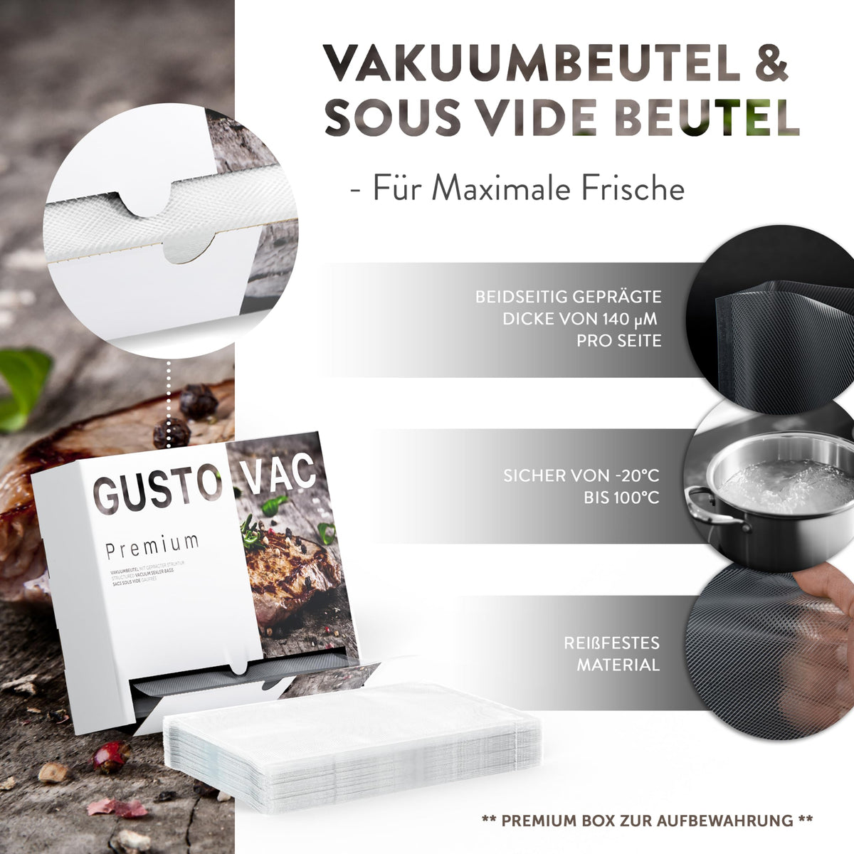 Premium Vakuumbeutel - 100 Stk. - 16 x 25 cm mit beidseitiger Prägung, hitzebeständig von -20 bis 100 Grad und reißfestem Material.