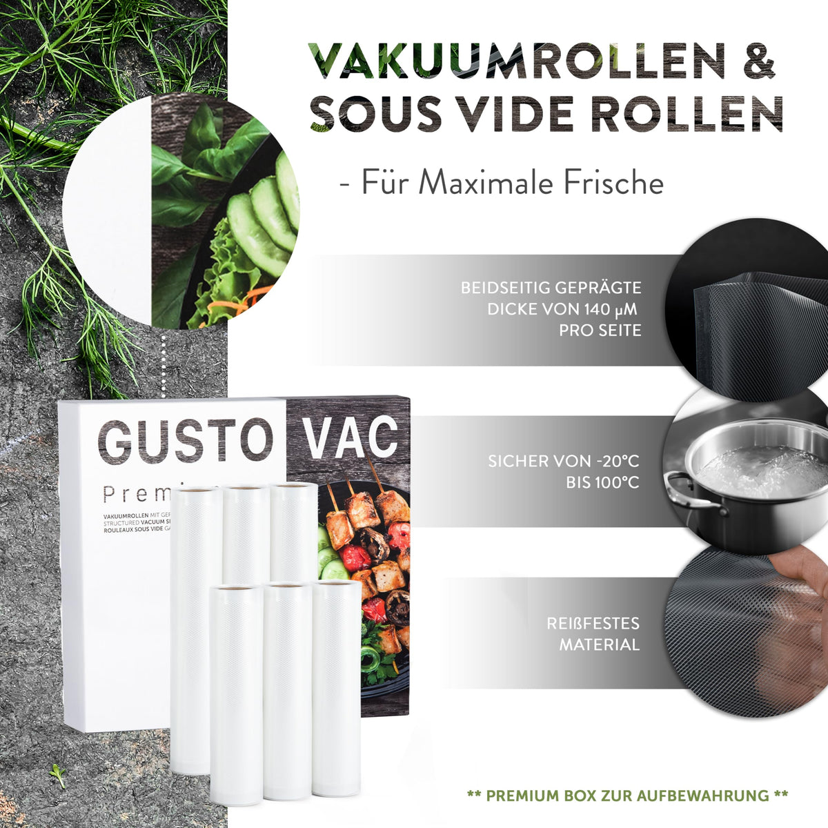 Premium Vakuumrollen - 6er-Set - 3 x 20x300 cm + 3 x 30x300 cm mit beidseitiger Prägung, reißfest und temperaturbeständig von -20 bis 100 Grad Celsius.