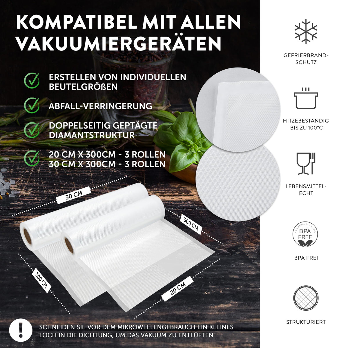 Premium Vakuumrollen - 6er-Set - 3 x 20x300 cm + 3 x 30x300 cm mit doppelseitiger Diamantstruktur, BPA-frei, hitzebeständig bis 100 °C und gefrierbrandgeschützt.