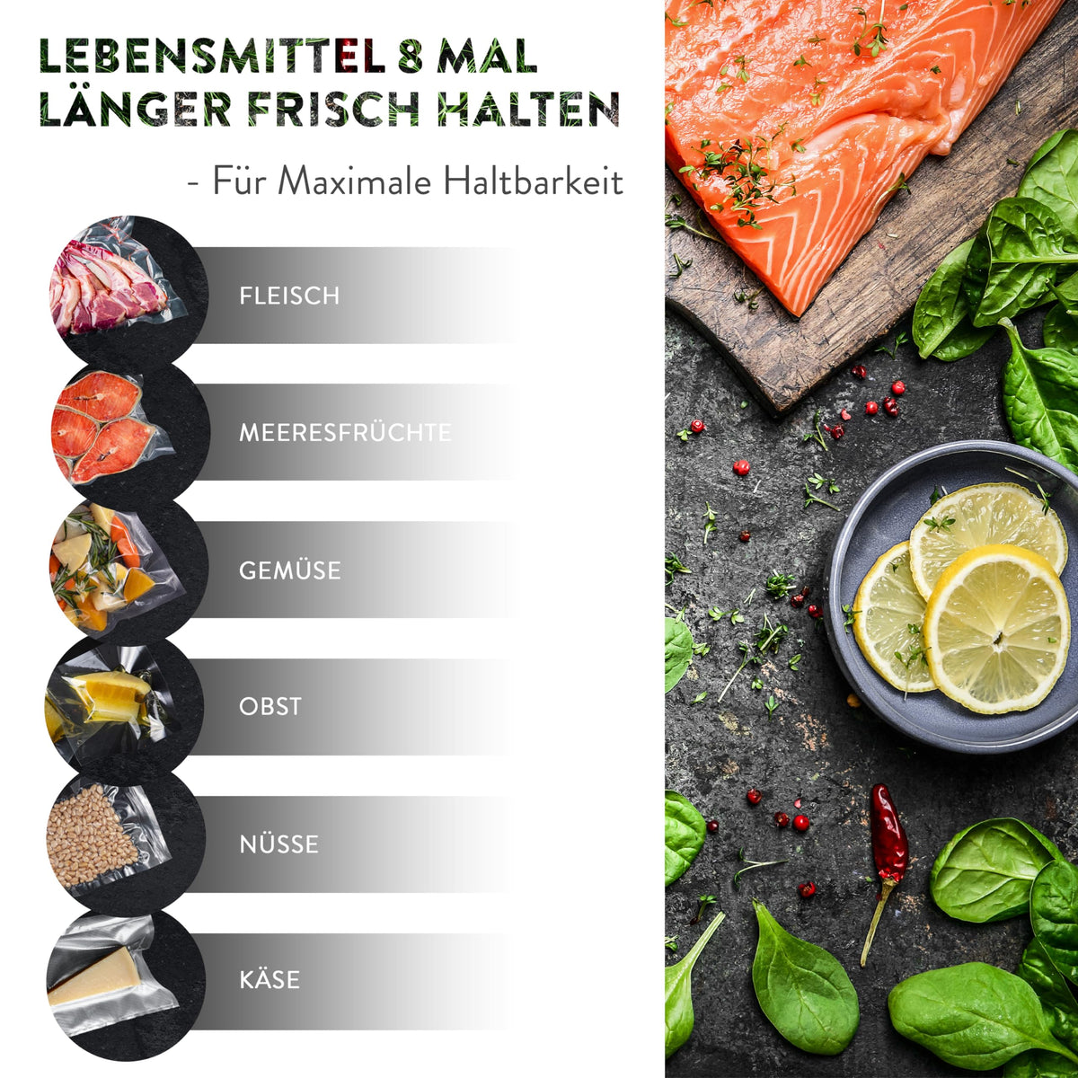 Premium Vakuumrollen - 6er-Set - 3 x 20x300 cm + 3 x 30x300 cm für bis zu 8-fach verlängerte Frische von Fleisch, Meeresfrüchten, Gemüse und mehr.