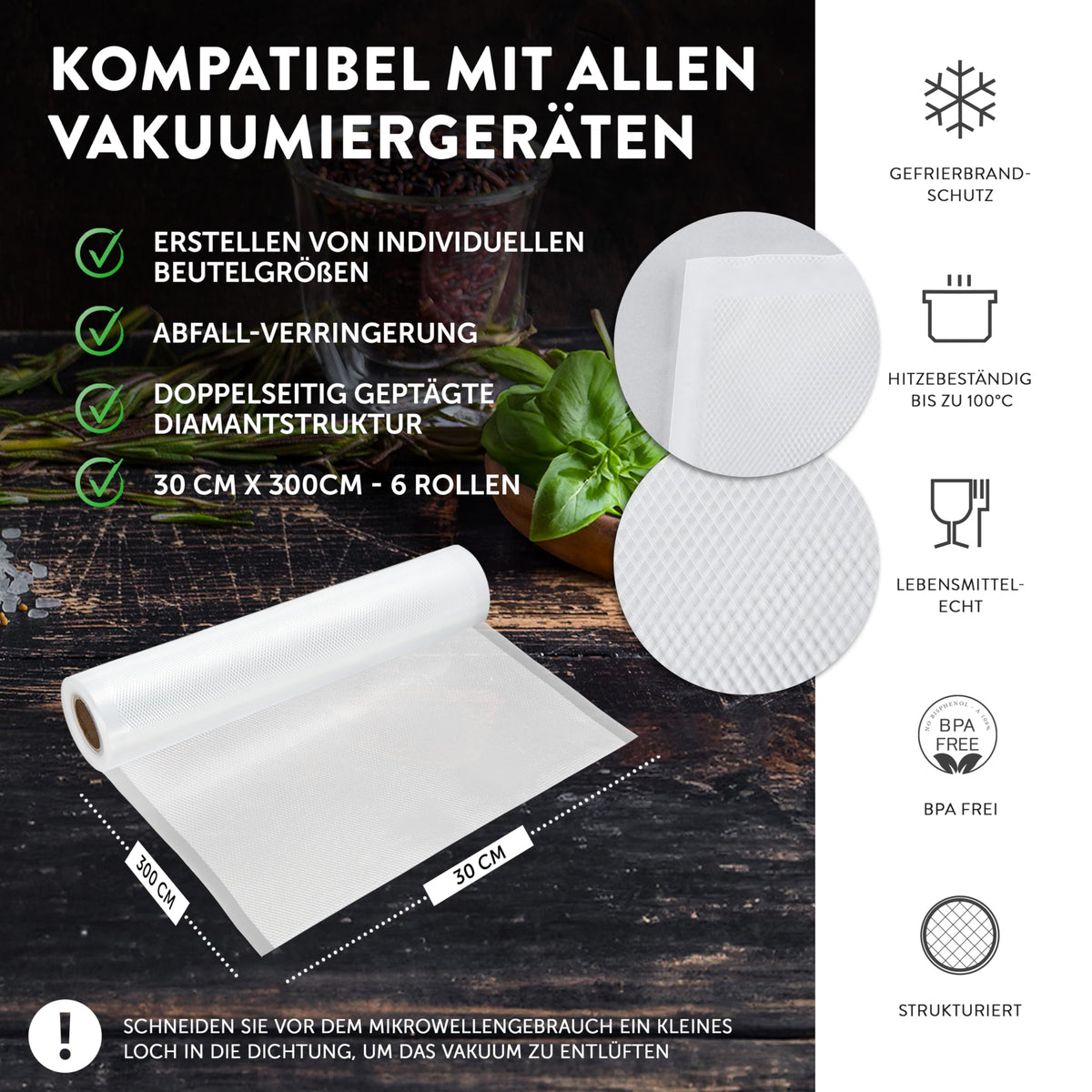Premium Vakuumrollen 30x300 cm - 6er-Set mit doppelseitiger Diamantstruktur, hitzebeständig bis 100 °C, BPA-frei und lebensmittelecht.