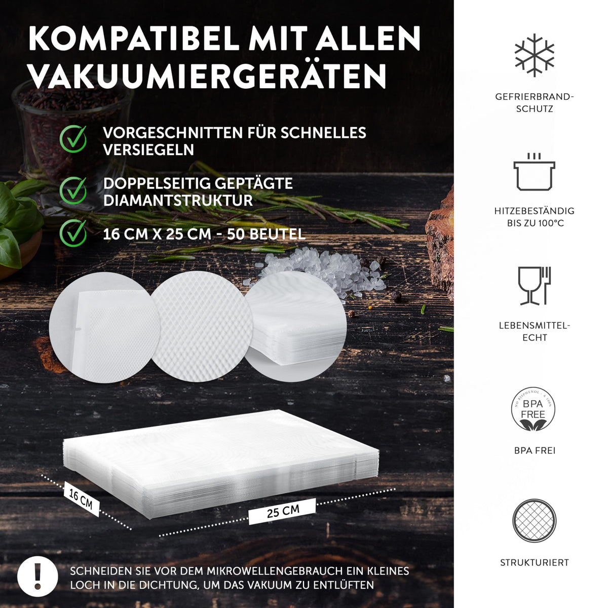Premium Vakuumbeutel - 50 Stk. - 16 x 25 cm mit doppelseitiger Diamantstruktur, hitzebeständig bis 100 °C und geeignet für alle Vakuumiergeräte.