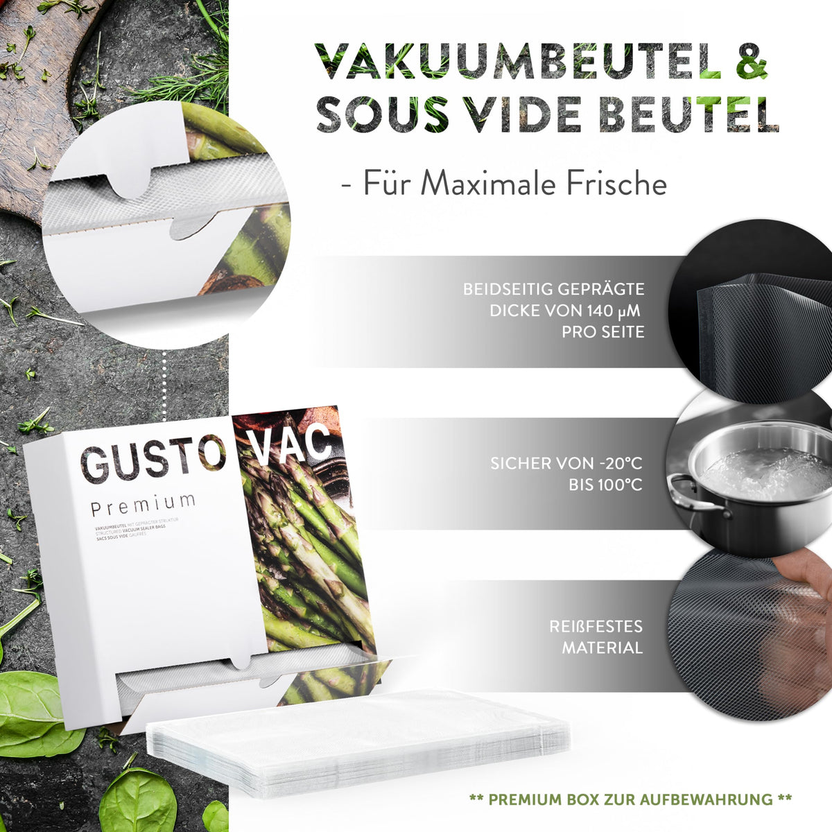 Premium Vakuumbeutel - 20x30 cm - 50 Stück mit beidseitiger Prägung, reißfestem Material und temperaturbeständig von -20 bis 100 Grad Celsius.
