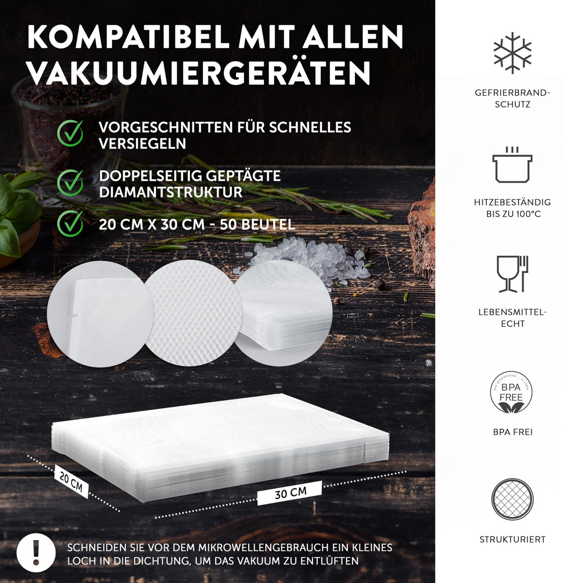 Premium Vakuumbeutel - 20x30 cm - 50 Stück mit doppelseitiger Diamantstruktur, gefrierbrandgeschützt, hitzebeständig bis 100 °C und BPA-frei.