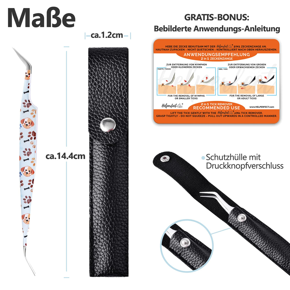2-in-1 Profi Zeckenzange - für Hunde und Katzen - Hellblau mit praktischem Etui und bebilderter Anleitung für sichere Zeckenentfernung.
