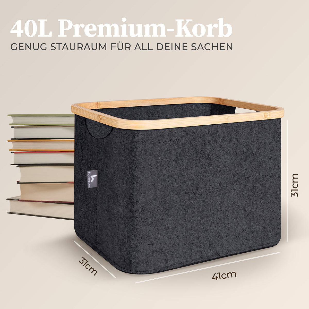 Aufbewahrungskorb "Laura" 40 l Anthrazit, stabiler Filzkorb mit Bambusrahmen, faltbar, ideal für Kallax-Regale und vielseitige Nutzung.