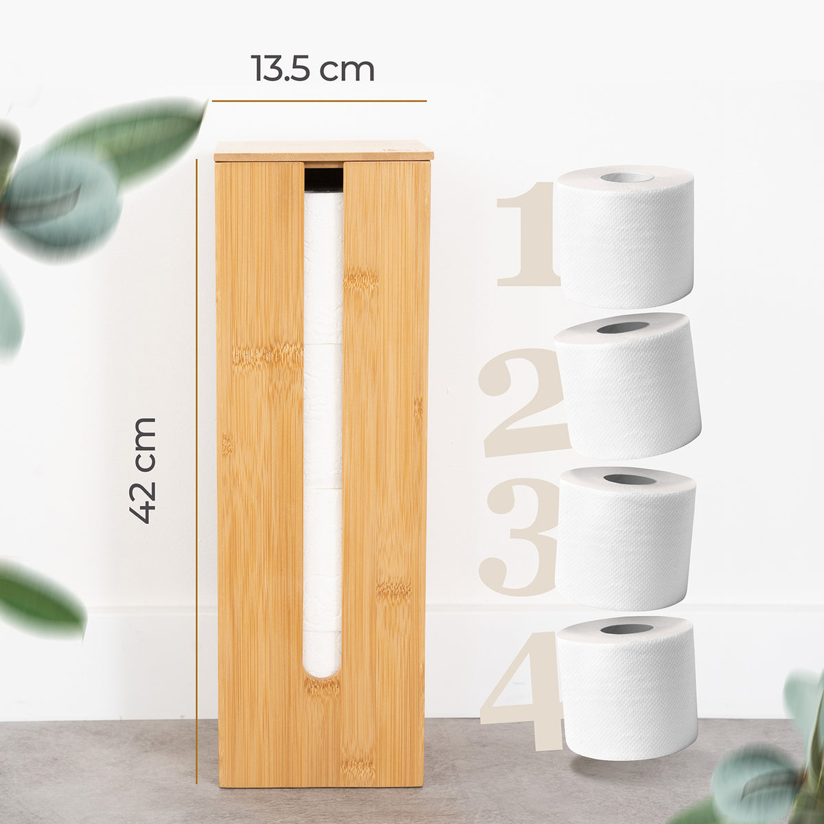 Toilettenpapier-Aufbewahrung "Maria" - Bambus mit Maßen 42x13,5 cm, Platz für 4 Rollen, stilvolle und praktische WC-Aufbewahrung.