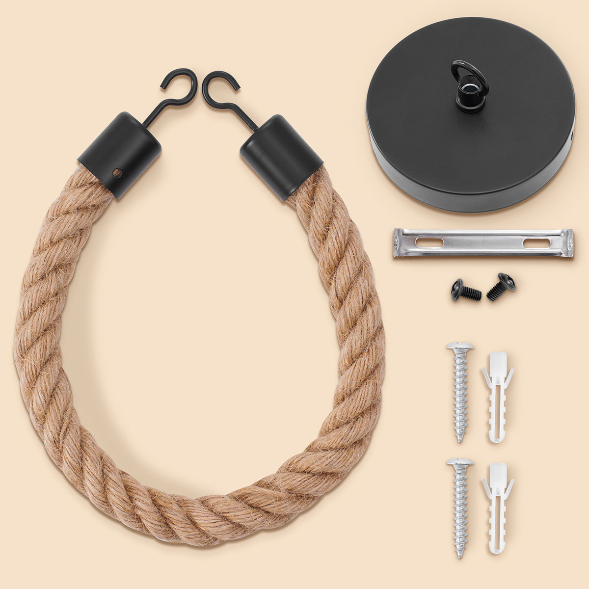 Toilettenpapierhalter - Mattschwarz mit natürlichem Juteseil und Metall, inkl. Montagezubehör, Retro-Design für Bad und WC.
