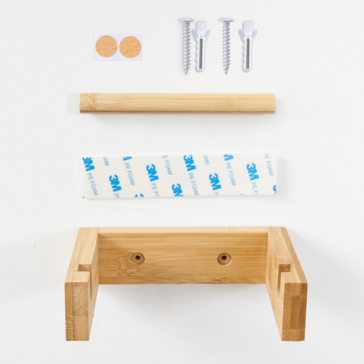 Toilettenpapierhalter Bambus mit Montageset zur Wandbefestigung ohne Bohren, selbstklebend, nachhaltiges Bambusmaterial