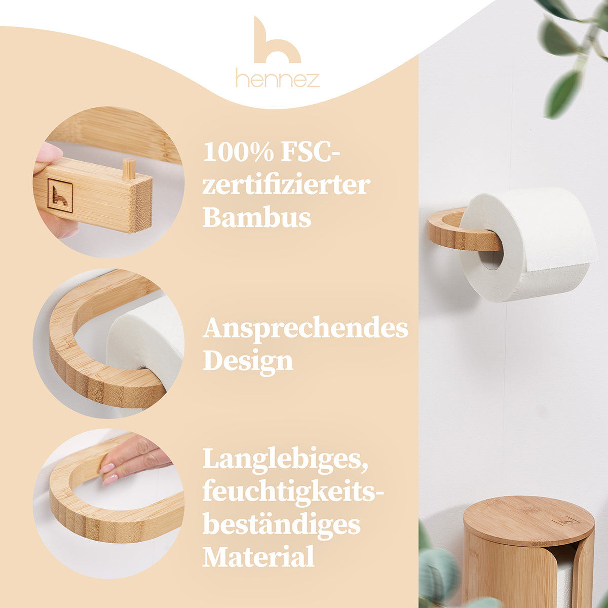 Toilettenpapierhalter ohne Bohren - Bambus aus FSC-zertifiziertem Bambus mit ansprechendem Design und langlebigem, feuchtigkeitsbeständigem Material.