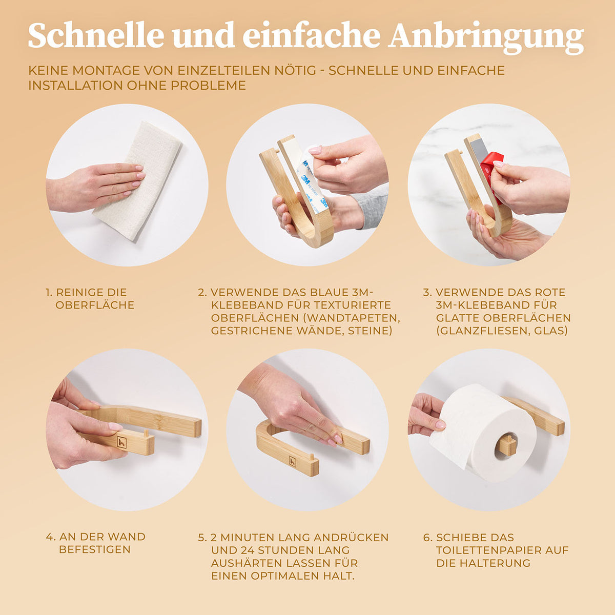 Toilettenpapierhalter ohne Bohren - Akazie mit leichter Montage durch selbstklebende Bänder für festen Halt auf allen Oberflächen.