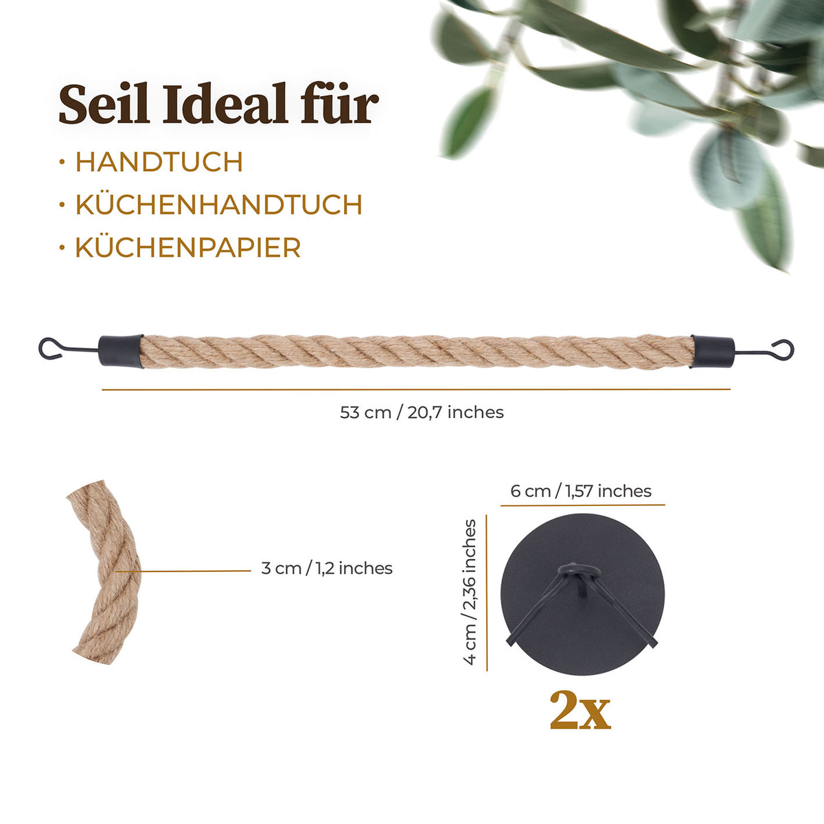 Handtuchhalter - Braun/Schwarz aus Jute und Metall, 53 cm lang, vielseitig für Handtücher und Küchenpapier, ohne Bohren.