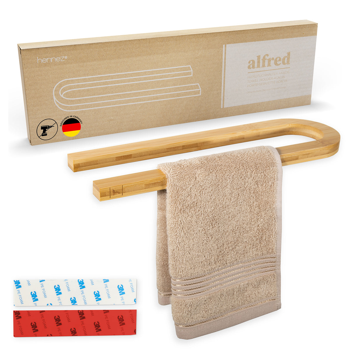 Handtuchstange "Alfred" ohne Bohren aus Bambus mit selbstklebender Montage, nachhaltig und vielseitig für Bad und Küche.