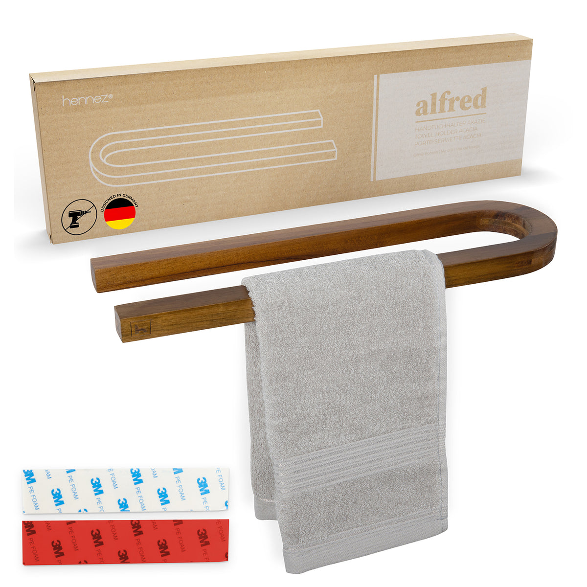 Handtuchstange "Alfred" ohne Bohren aus nachhaltigem Akazienholz, selbstklebend, plastikfrei, modern für Bad und Gäste-WC.
