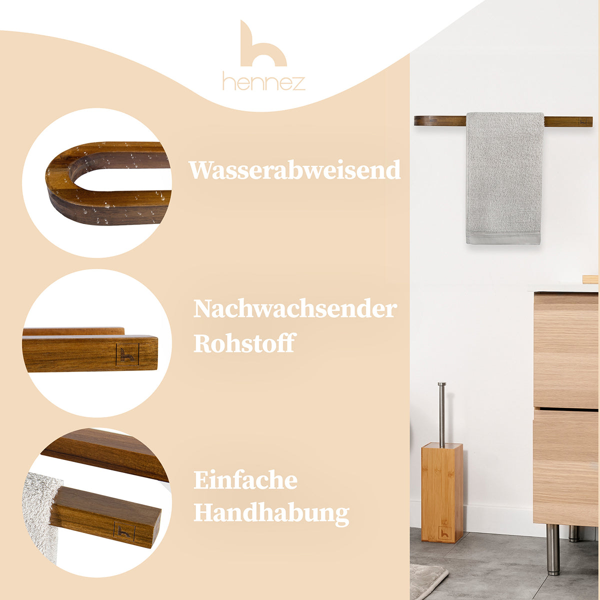 Handtuchstange "Alfred" ohne Bohren aus wasserabweisendem Akazienholz, einfache Montage und nachhaltiges Design für Bad und Küche.