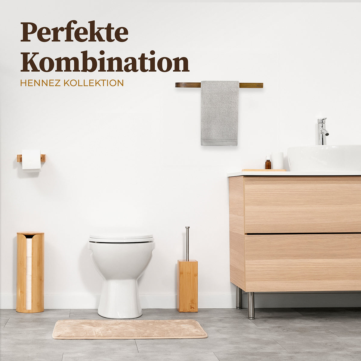 Handtuchstange "Alfred" ohne Bohren - Akazie aus nachhaltigem Holz, selbstklebend, hochwertig und plastikfrei im modernen Badezimmer.