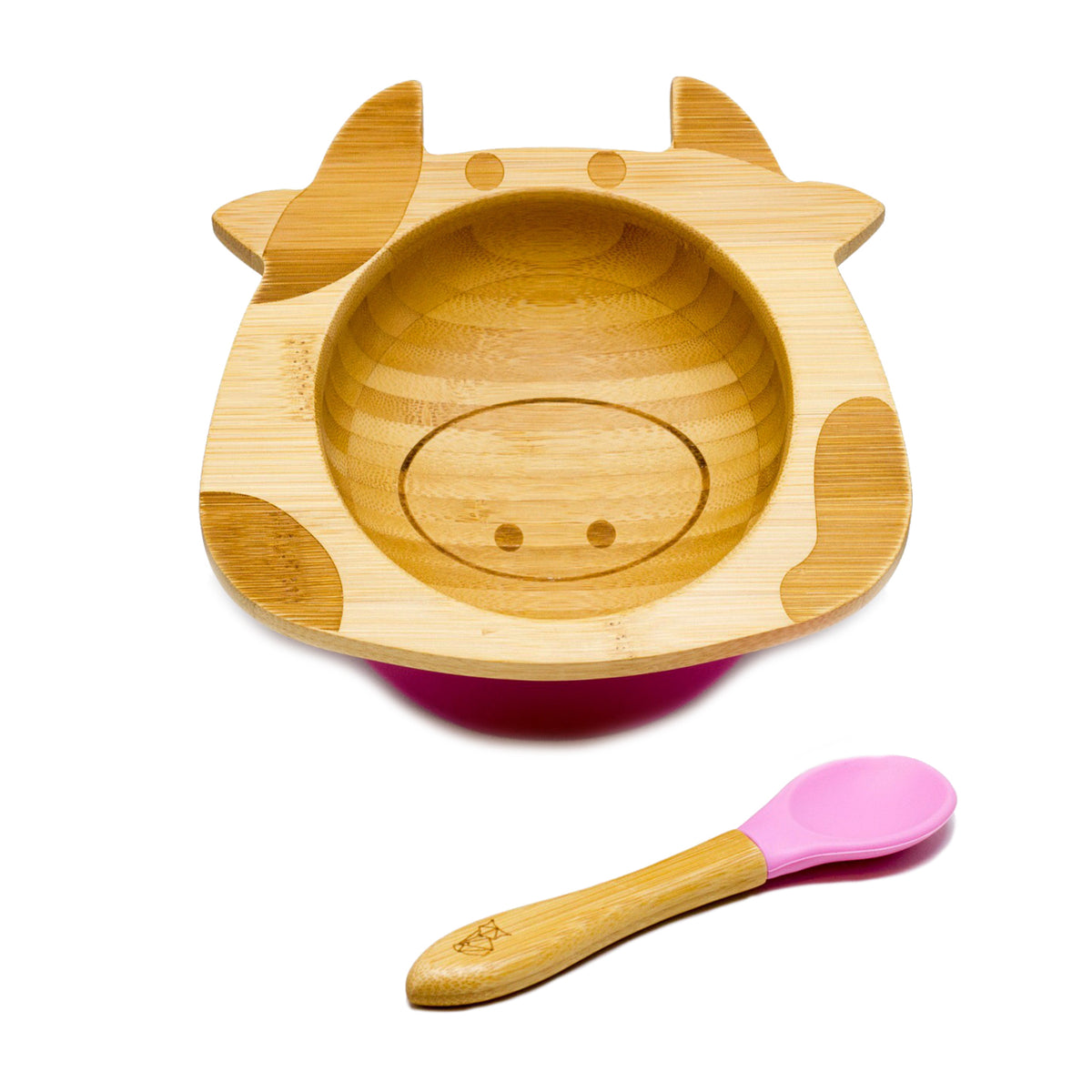 Bambus-Schüssel für Kinder inkl. Löffel - mit Kuhmotiv - Rosa, naturfarben mit niedlichem Kuhgesicht und lila Löffelgriff aus Bambus und Silikon.