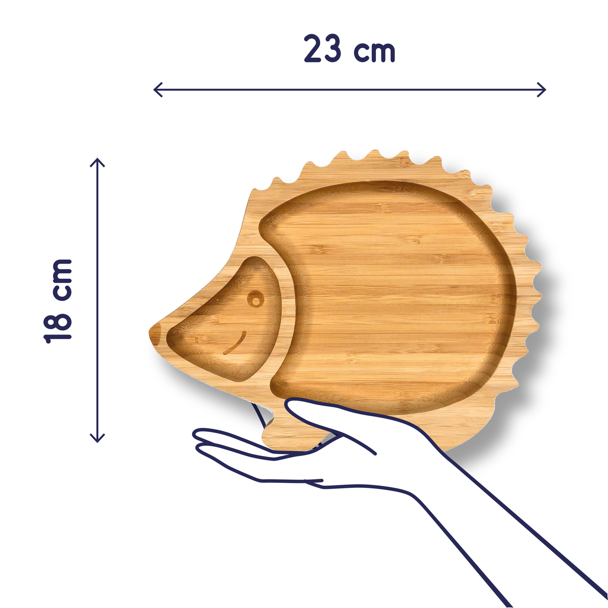 Maßdiagramm für Bambus-Teller für Kinder inkl. Löffel - mit Igelmotiv - Grün mit 23 cm x 18 cm Größe