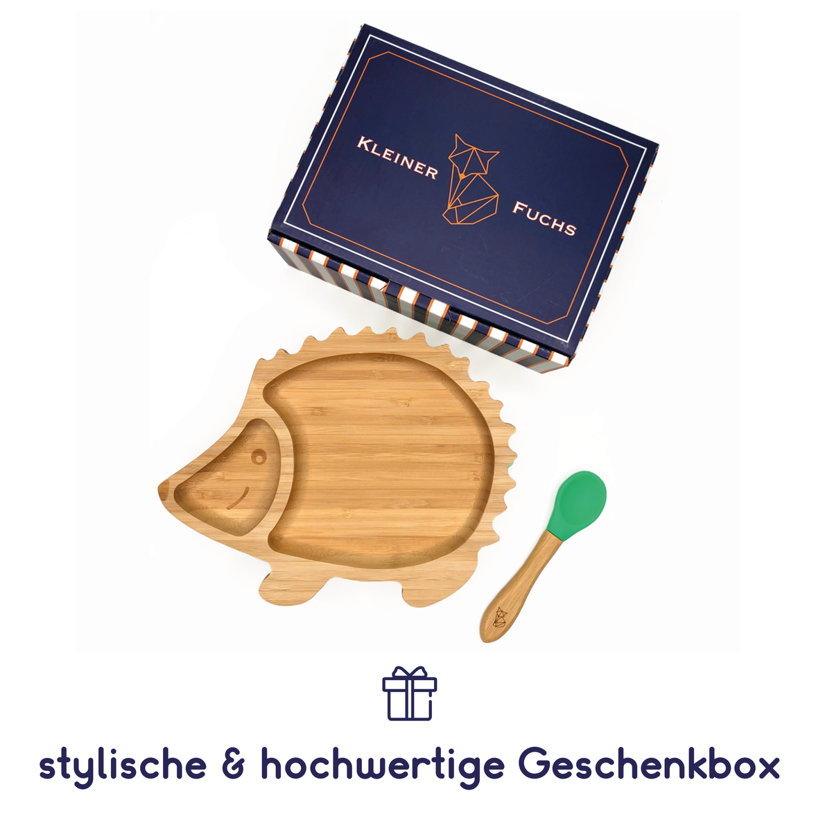 Bambus-Teller für Kinder inkl. Löffel - mit Igelmotiv - Grün in Geschenkbox