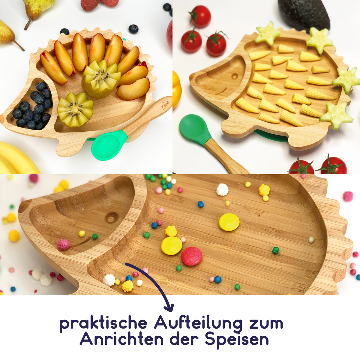 Bambus-Teller für Kinder inkl. Löffel - mit Igelmotiv - Grün mit praktischer Aufteilung zum Anrichten der Speisen