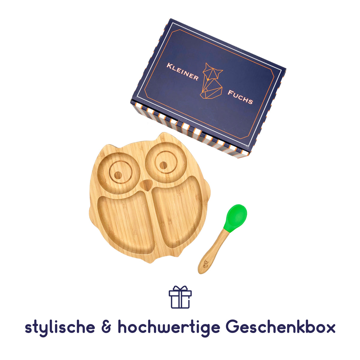 Bambus-Teller für Kinder inkl. Löffel - mit Eulenmotiv - Grün