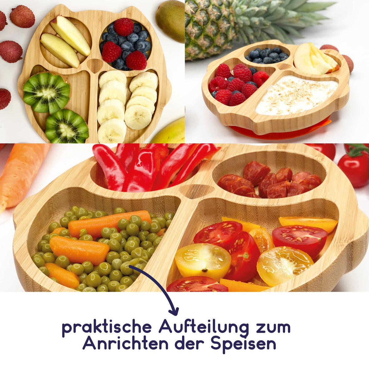 Bambus-Teller für Kinder inkl. Löffel - mit Eulenmotiv - Orange mit drei Fächern für Obst, Gemüse und Snacks, nachhaltig und kindgerecht.