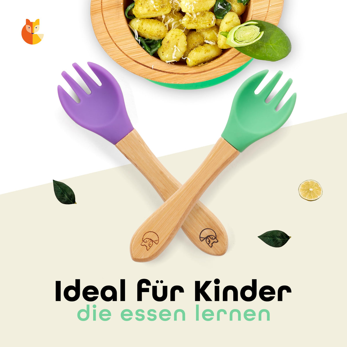 Kindergabelset - 2-tlg. - Grün & Lila mit ergonomischen Bambusgriffen und weichen, kindgerechten Silikonvorderseiten für einfaches Essenlernen.